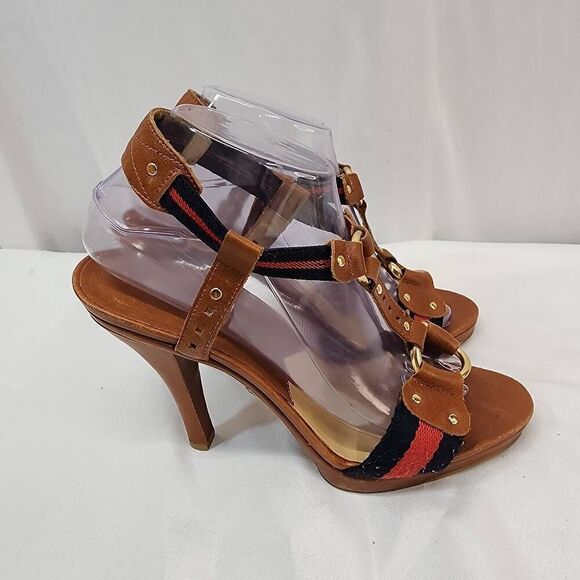 Michael Kors Size 9 Seaport T-Strap Luggage Leather High 4.5" Heels - Picture 3 of 8